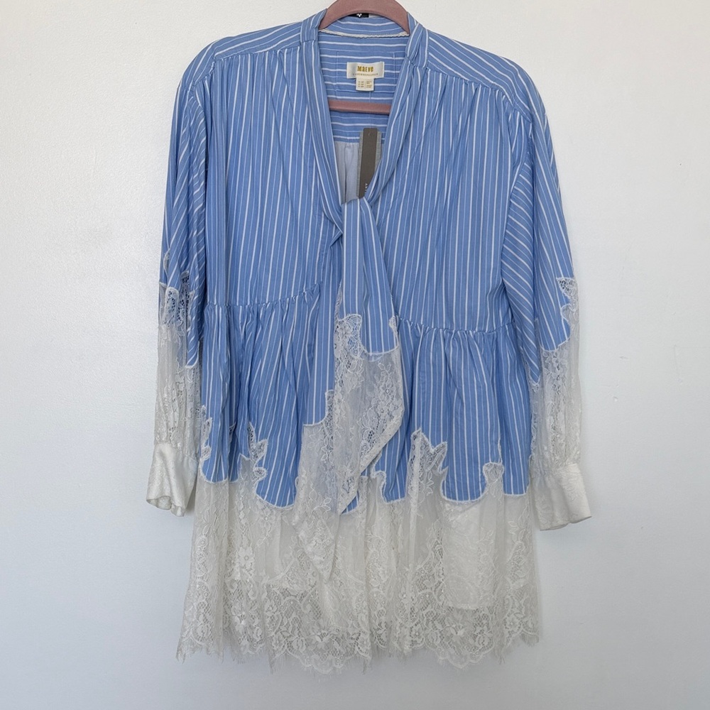 Maeve Anthropologie Blue and White Striped Lace Mini Dress
